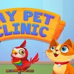 Pes s obojkom, papagáj a mačka pred nápisom „MY PET CLINIC“ na drevenej tabuli