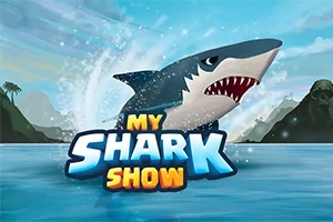 Žralok skáče nad vodou s modrou oblohou v pozadí a nápis „My Shark Show“ v popredí
