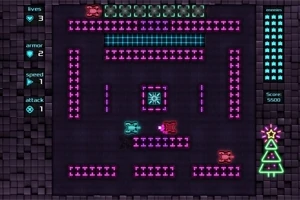 Retro štýl herného labyrintu s futuristickými prvkami, neonovými panáčikmi a stromčekom v pravom dolnom rohu