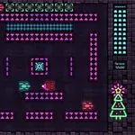 Retro štýl herného labyrintu s futuristickými prvkami, neonovými panáčikmi a stromčekom v pravom dolnom rohu