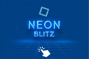 Modrý pozadie s textom NEON BLITZ v neonovom štýle a bielou ikonou ruky s ukazovákom smerujúcim nadol
