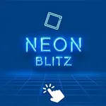 Modrý pozadie s textom NEON BLITZ v neonovom štýle a bielou ikonou ruky s ukazovákom smerujúcim nadol