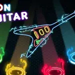Neonová gitara obklopená farebnými svetelnými kruhmi v odtieňoch zelenej, oranžovej, červenej a modrej