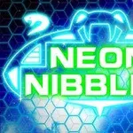 Neónové logo s nápisom NEON NIBBLET na farebnom pozadí s hexagonálnym vzorom