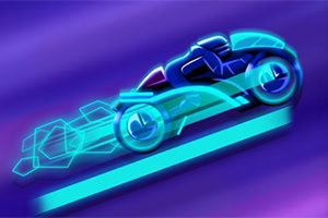 Futuristická motorka v neonových farbách s modrými a fialovými odleskami na fialovom pozadí