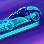 Futuristická motorka v neonových farbách s modrými a fialovými odleskami na fialovom pozadí