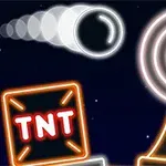 Svetelná grafika s objektmi vrátane TNT krabice, terča a letiacej gule na tmavom pozadí