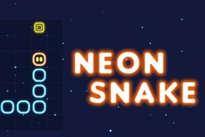 Žiarivo modrý neonový had na tmavom pozadí s nápisom NEON SNAKE v oranžových písmenách