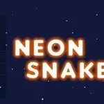 Žiarivo modrý neonový had na tmavom pozadí s nápisom NEON SNAKE v oranžových písmenách