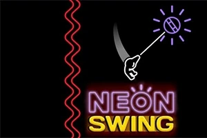 Neónový nápis s textom NEON SWING pod kresbou ruky držiacej lano s rozsvieteným kruhom, vedľa vlnovitej červenej čiary na čiernom pozadí