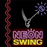 Neónový nápis s textom NEON SWING pod kresbou ruky držiacej lano s rozsvieteným kruhom, vedľa vlnovitej červenej čiary na čiernom pozadí