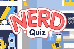 Farebná ilustrácia s nápisom Nerd Quiz uprostred a rôznymi nerdskými symbolmi, ako je raketa, knižnica a herná konzola v pozadí
