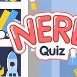 Farebná ilustrácia s nápisom Nerd Quiz uprostred a rôznymi nerdskými symbolmi, ako je raketa, knižnica a herná konzola v pozadí
