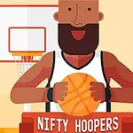 Kreslená postava basketbalistu s bradou drží basketbalovú loptu pred basketbalovým košom