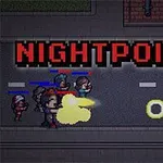 Pikselová grafika zobrazujúca skupinu postáv na ulici, pričom jedna z nich strieľa na ostatných, s výrazným nápisom NIGHTPOINT