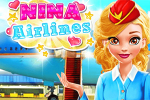 Letuška stojí pred modro-bielym lietadlom s červenými schodíkmi a nadpisom „Nina Airlines“
