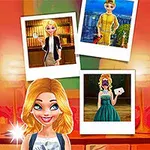 Usmievajúca sa animovaná postava s blond vlasmi stojí pred tromi polaroidmi zobrazujúcimi rôzne scenérie a outfity