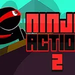 Čierny ninja s červenou páskou cez čelo a textom Ninja Action 2 na farebnom pozadí