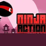 Silueta ninja s červenou čelenkou skáče pred ružovým pozadím s nápisom Ninja Action v popredí