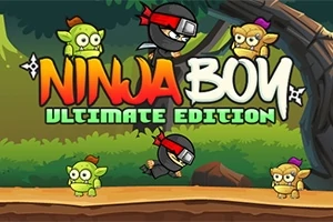 Ninja s červenou čelenkou skáče okolo zelených príšeriek v lese, s farebnými nápismi Ninja Boy Ultimate Edition