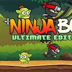 Ninja s červenou čelenkou skáče okolo zelených príšeriek v lese, s farebnými nápismi Ninja Boy Ultimate Edition
