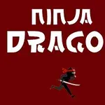 Ninja bežiaci so samurajským mečom a červenou čelenkou pod bielym textom na tmavočervenom pozadí