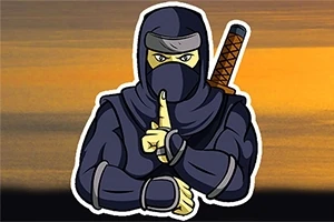 Animovaný ninja v čiernom oblečení s mečom na chrbte a gestom ticho na pozadí západu slnka