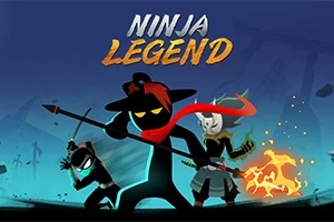 Traja siluety ninja bojovníkov s rôznymi zbraňami na modrom pozadí s nápisom Ninja Legend hore