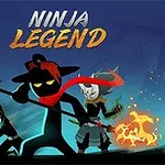 Traja siluety ninja bojovníkov s rôznymi zbraňami na modrom pozadí s nápisom Ninja Legend hore
