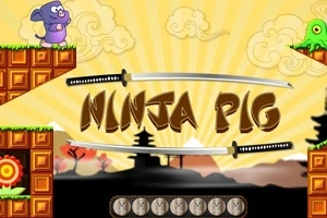 Fialové prasiatko a zelený tvorček na plošinách, so samurajskými mečmi a nápisom Ninja Pig na pozadí japonskej krajiny
