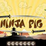 Fialové prasiatko a zelený tvorček na plošinách, so samurajskými mečmi a nápisom Ninja Pig na pozadí japonskej krajiny