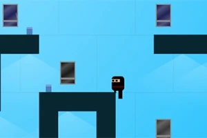 Postavička ninju na modrom pozadí s platformami a rôznymi úrovňami