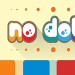 Farebný text „no dots“ s tieňmi na žltom pozadí s farebnými škvrnami a farebnými panelmi dole