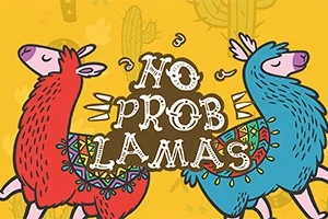 Dve animované lamy, jedna červená a druhá modrá, s nápisom No Prob Lamas na žltom pozadí s kaktusmi