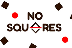 Text „NO SQUARES“ s geometrickými tvarmi hnedých štvorcov a červených kruhov na bielom pozadí