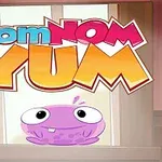 Farebný nápis nom NOM YUM nad postavičkou fialového tvora s veľkými očami