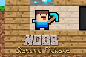 Pixelová postavička v modrom oblečení drží modrý krumpáč so slovami NOOB Diamond Pickaxe na drevenom pozadí