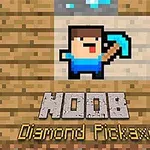 Pixelová postavička v modrom oblečení drží modrý krumpáč so slovami NOOB Diamond Pickaxe na drevenom pozadí