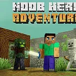 Mužská postava v modrom tričku stojí so zeleným monštrom, kostlivcom a ďalšou postavou v prostredí s trávou a kameňmi, s nápisom NOOB HERO ADVENTURE na vrchu