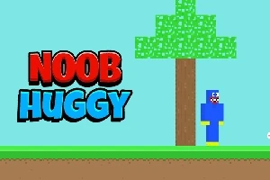 Farebná pixelová grafika s postavičkou v modrom oblečení vedľa stromu a nápisom NOOB HUGGY