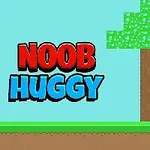 Farebná pixelová grafika s postavičkou v modrom oblečení vedľa stromu a nápisom NOOB HUGGY