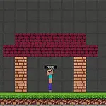 Postava s etiketou Noob stojí pod malou konštrukciou z červených a hnedých blokov, obklopená pixelovanými stromami