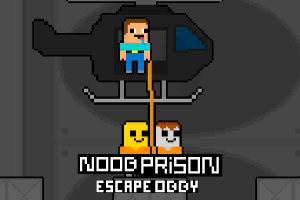 Pixelovaná postava vo vrtuľníku s dvoma ďalšími postavami pod ním, zobrazené s nápisom Noob Prison Escape Oggy