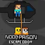 Pixelovaná postava vo vrtuľníku s dvoma ďalšími postavami pod ním, zobrazené s nápisom Noob Prison Escape Oggy
