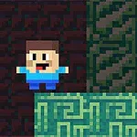 Pixelová postava s modrým oblečením stojí pred mozaikovými blokmi na tmavom pozadí