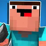 Pixlová postava v modrom tričku drží kameň, vedľa je veľké písmeno C na modrom pozadí