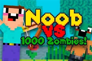 Postavička s lukom a šípom stojí vedľa zombíka s textom Noob vs 1000 Zombies!