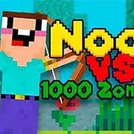Postavička s lukom a šípom stojí vedľa zombíka s textom Noob vs 1000 Zombies!
