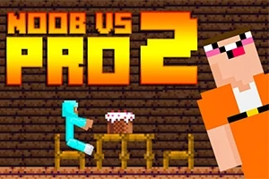 Na obrázku je pixelovaná postava v modrom skáčuca na stôl s tortou, s nápisom Noob vs Pro 2 v pozadí