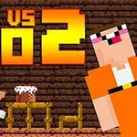 Na obrázku je pixelovaná postava v modrom skáčuca na stôl s tortou, s nápisom Noob vs Pro 2 v pozadí